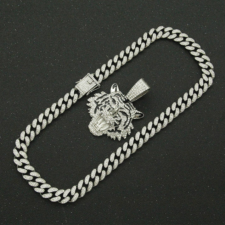 Diamond Tiger Head Pendant Cuban Chain Necklace