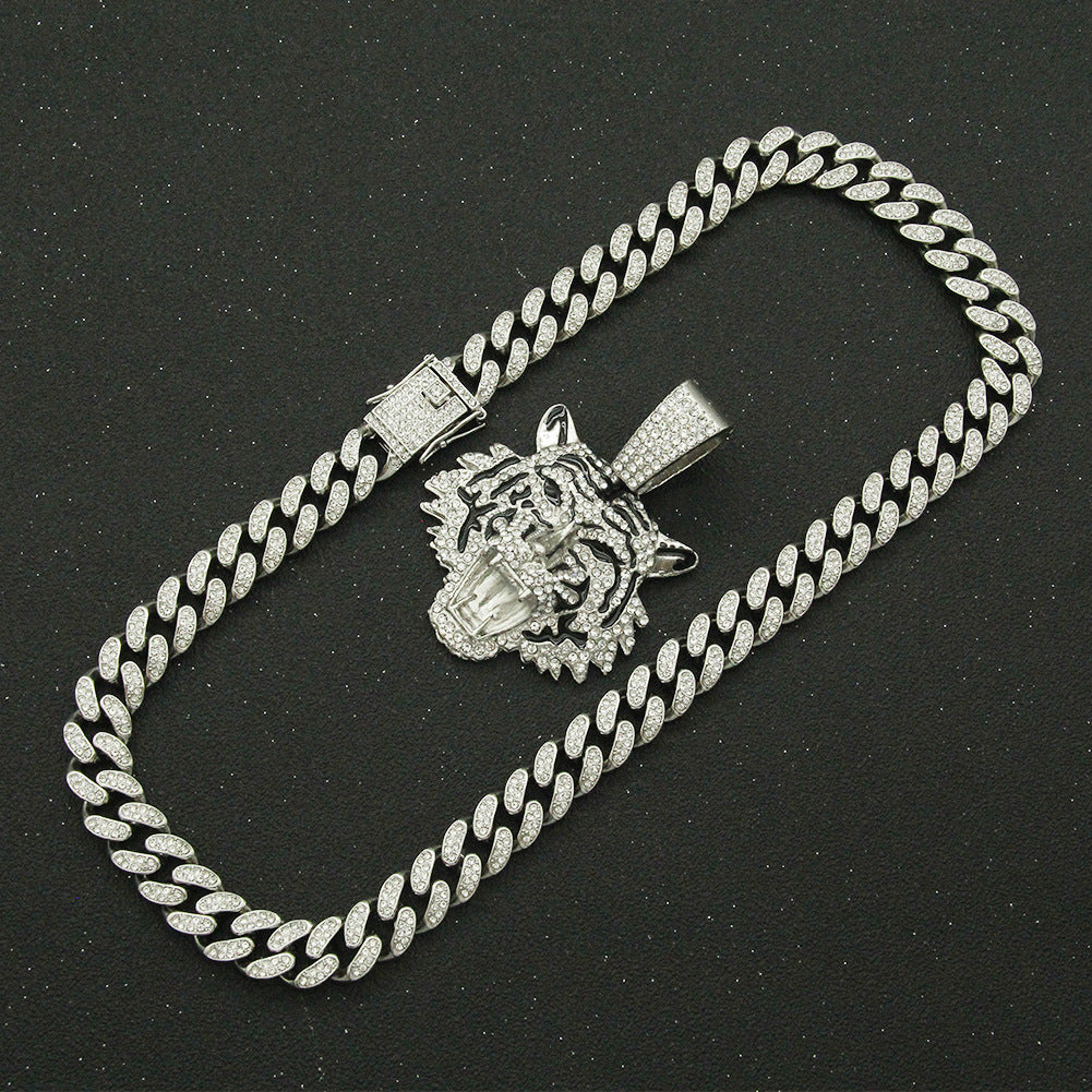 Diamond Tiger Head Pendant Cuban Chain Necklace