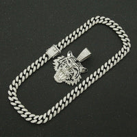 Diamond Tiger Head Pendant Cuban Chain Necklace