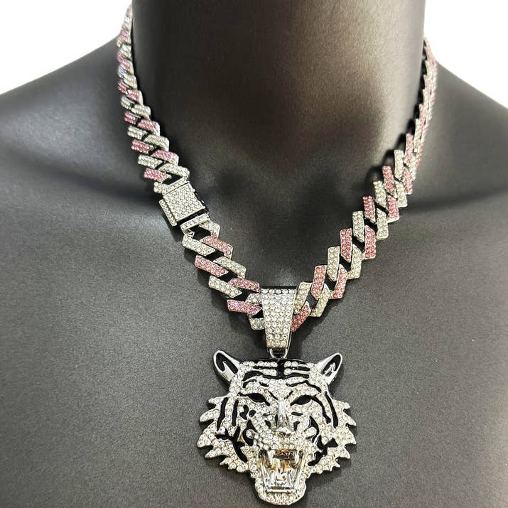Diamond Tiger Head Pendant Cuban Chain Necklace
