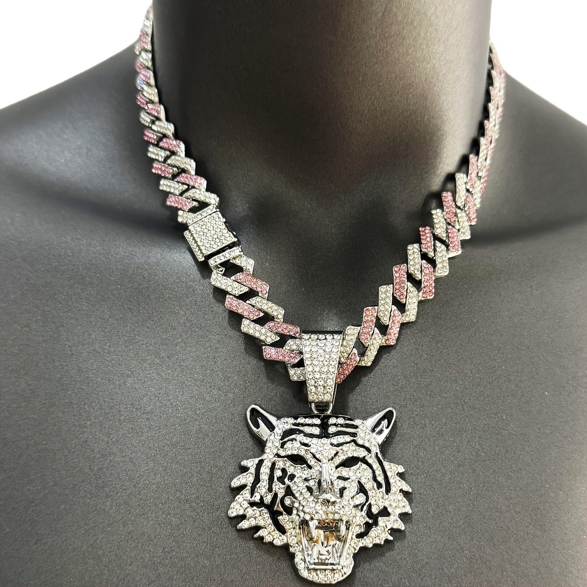 Diamond Tiger Head Pendant Cuban Chain Necklace