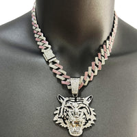 Diamond Tiger Head Pendant Cuban Chain Necklace