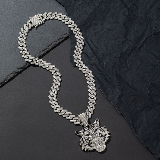 Diamond Tiger Head Pendant Cuban Chain Necklace