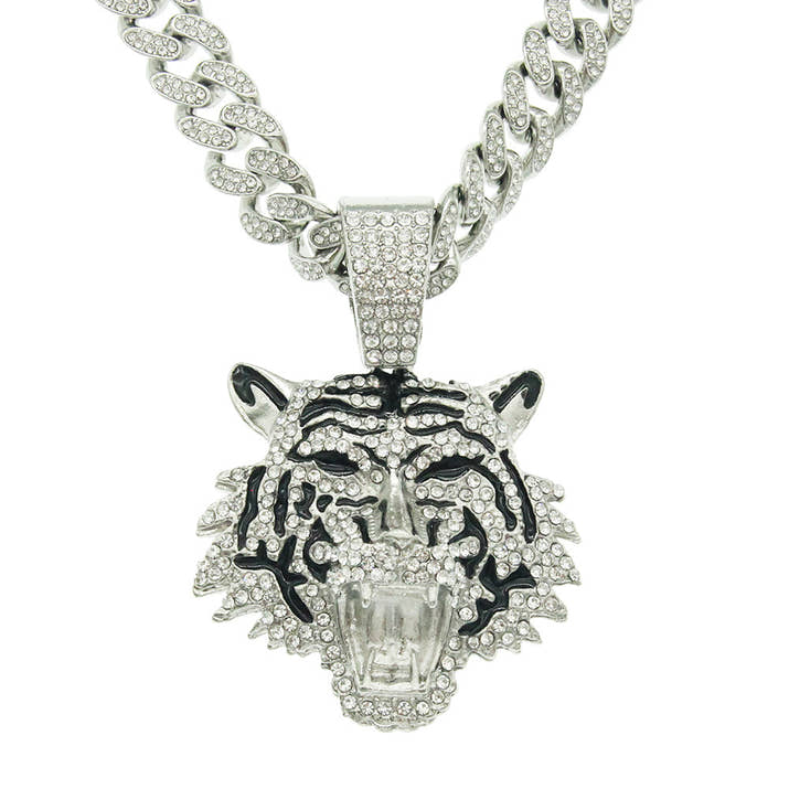 Diamond Tiger Head Pendant Cuban Chain Necklace