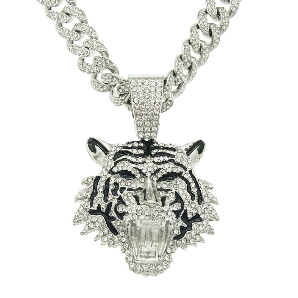 Diamond Tiger Head Pendant Cuban Chain Necklace