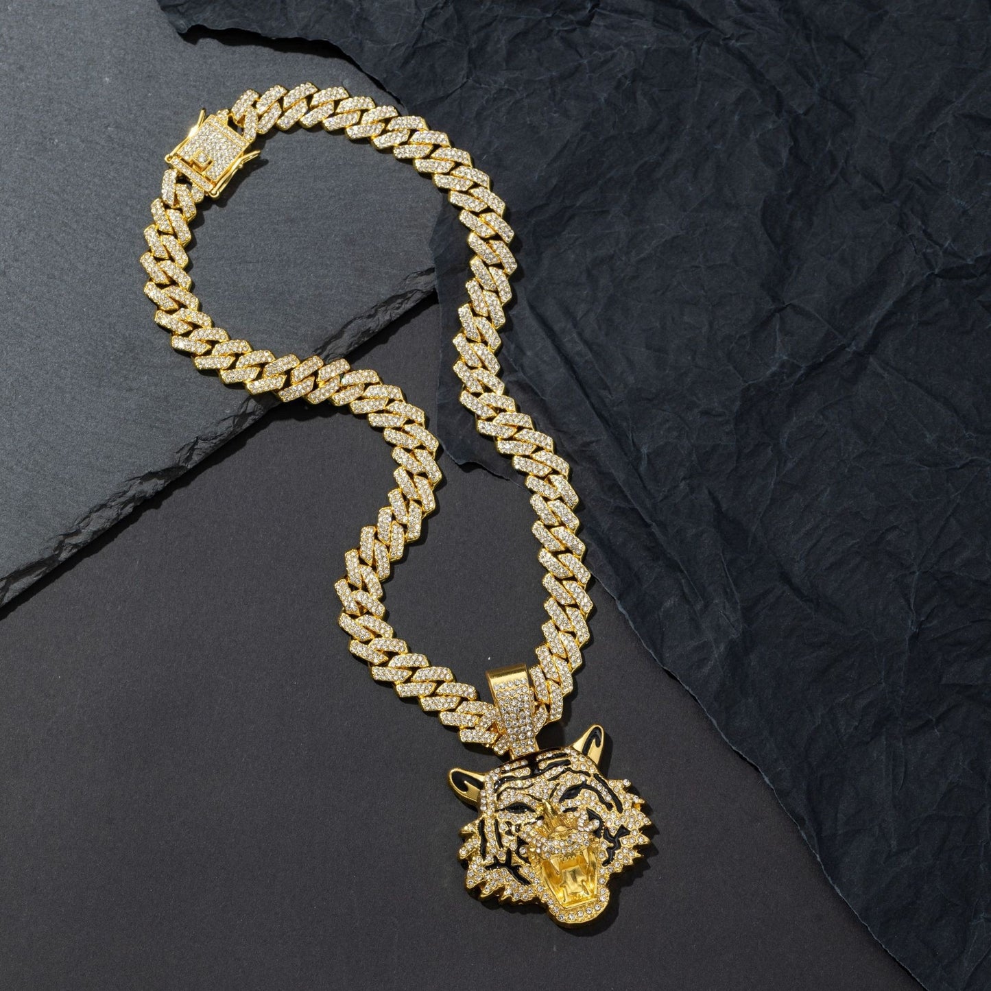 Diamond Tiger Head Pendant Cuban Chain Necklace